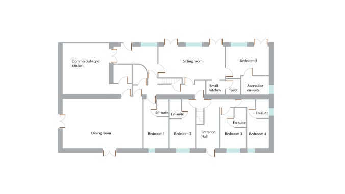 The ground floor plan for Swan Group House, showing the entrance hall, sitting room, dining room, commercial-style kitchen, kitchenette and five bedrooms with en-suites.